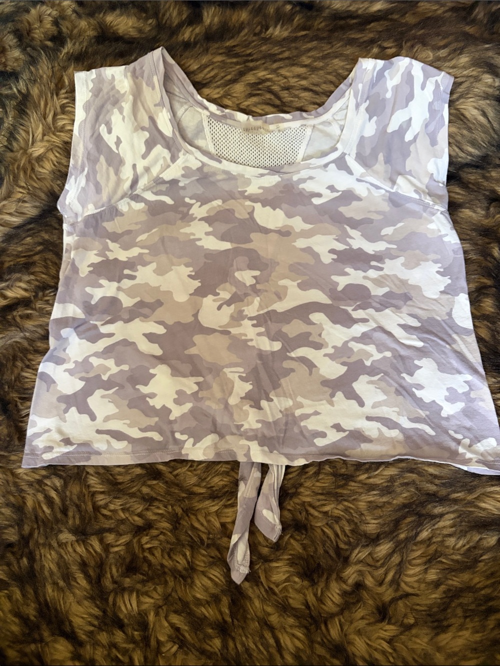 Three Hearts Gray & White Camo Tie-Back Crop Top With Mesh details Size Medium